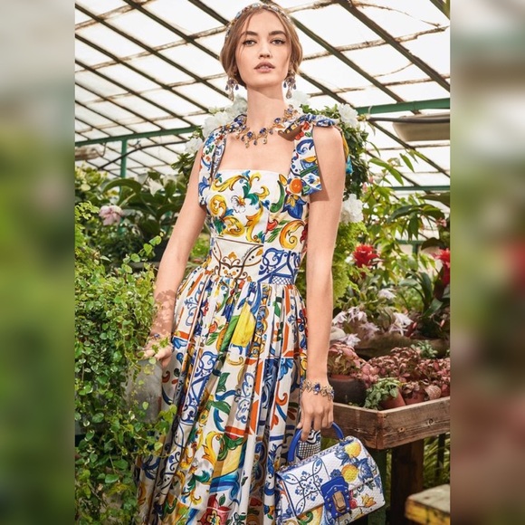 DOLCE Italian Majolica Tie Strap Maxi Sundress Painted Tile Print • Style of D&G - Picture 4 of 15